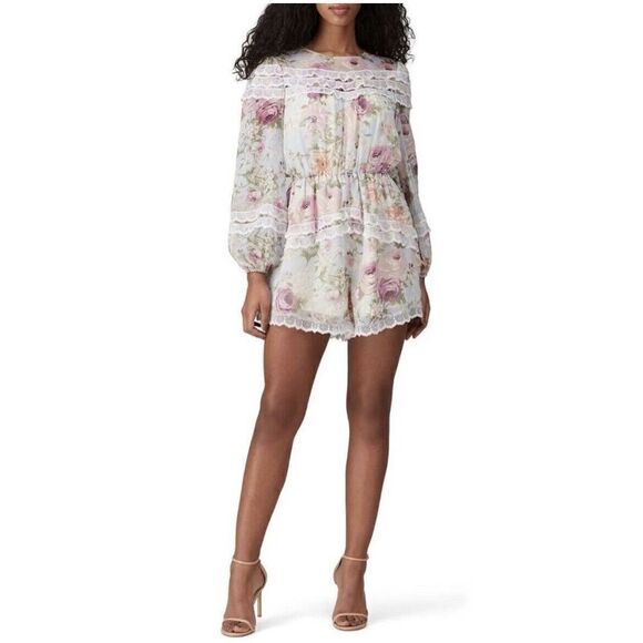 ELLIATT Romper Womens XS Watercolor Floral Lace Trim Long Sleeve Cottagecore - Picture 1 of 12